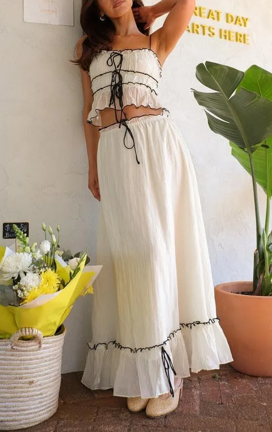 Melliflo Women 2 Piece Maxi Skirt Sets Y2k Lace Up Crop Cami Tank Top and Flowy Ruffle Long Skirt Beach Vacation Outfits