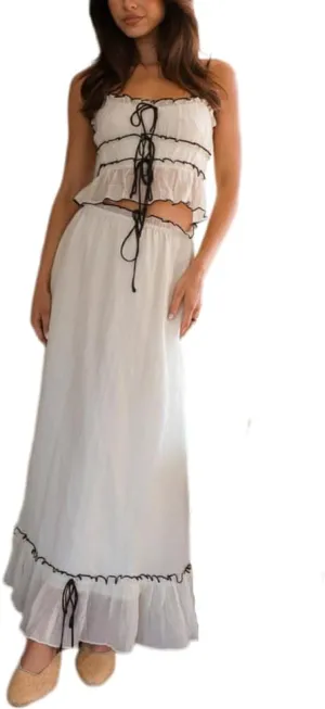 Melliflo Women 2 Piece Maxi Skirt Sets Y2k Lace Up Crop Cami Tank Top and Flowy Ruffle Long Skirt Beach Vacation Outfits