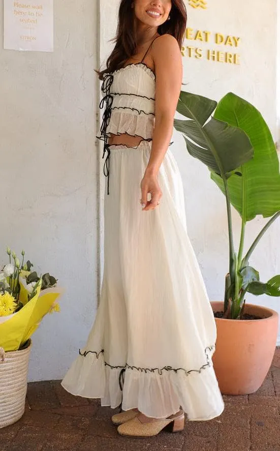 Melliflo Women 2 Piece Maxi Skirt Sets Y2k Lace Up Crop Cami Tank Top and Flowy Ruffle Long Skirt Beach Vacation Outfits