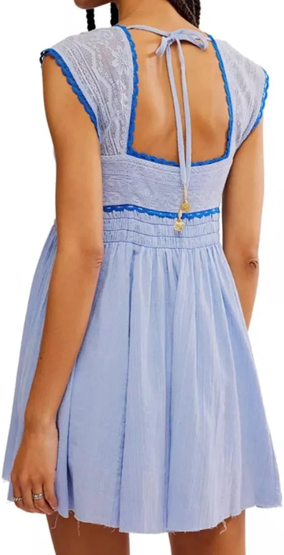 Melliflo Women's Cute Lace Trim Mini Tank Dress Crochet Floral Pleated Dress Sleeveless Smocked Backless Babydoll Dresses