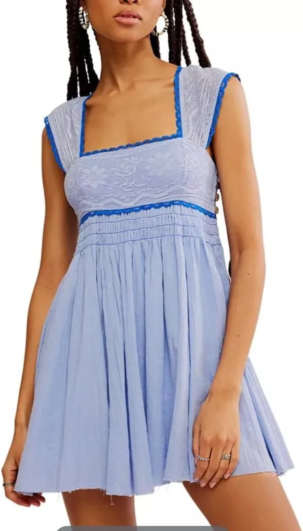 Melliflo Women's Cute Lace Trim Mini Tank Dress Crochet Floral Pleated Dress Sleeveless Smocked Backless Babydoll Dresses
