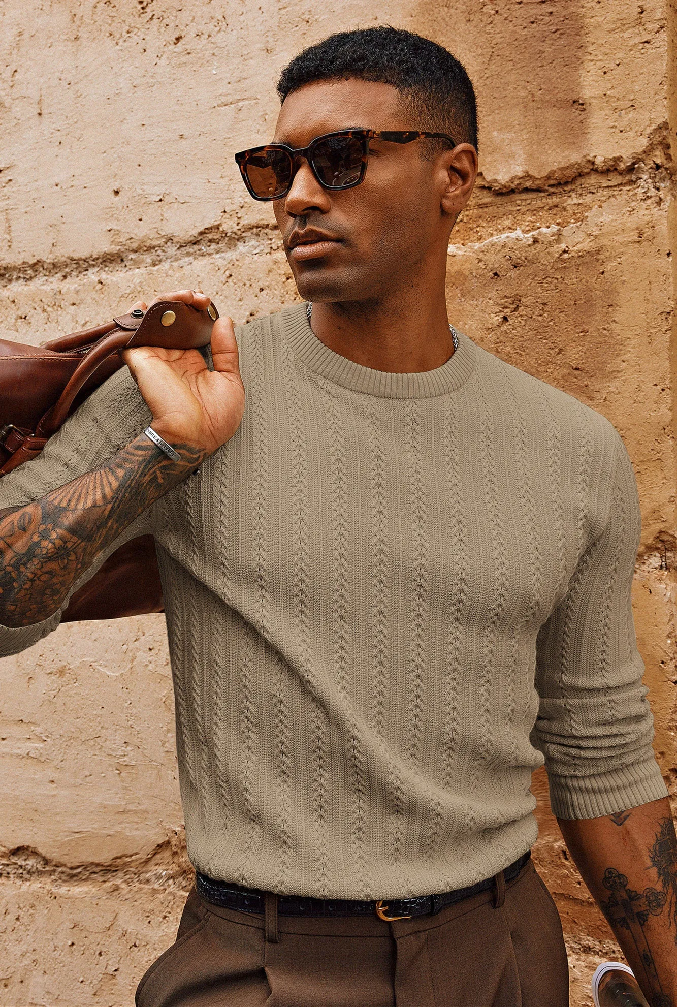 Men Hollowed-out Textured Sweater Long Sleeve Crew Neck Pullover Knitwear