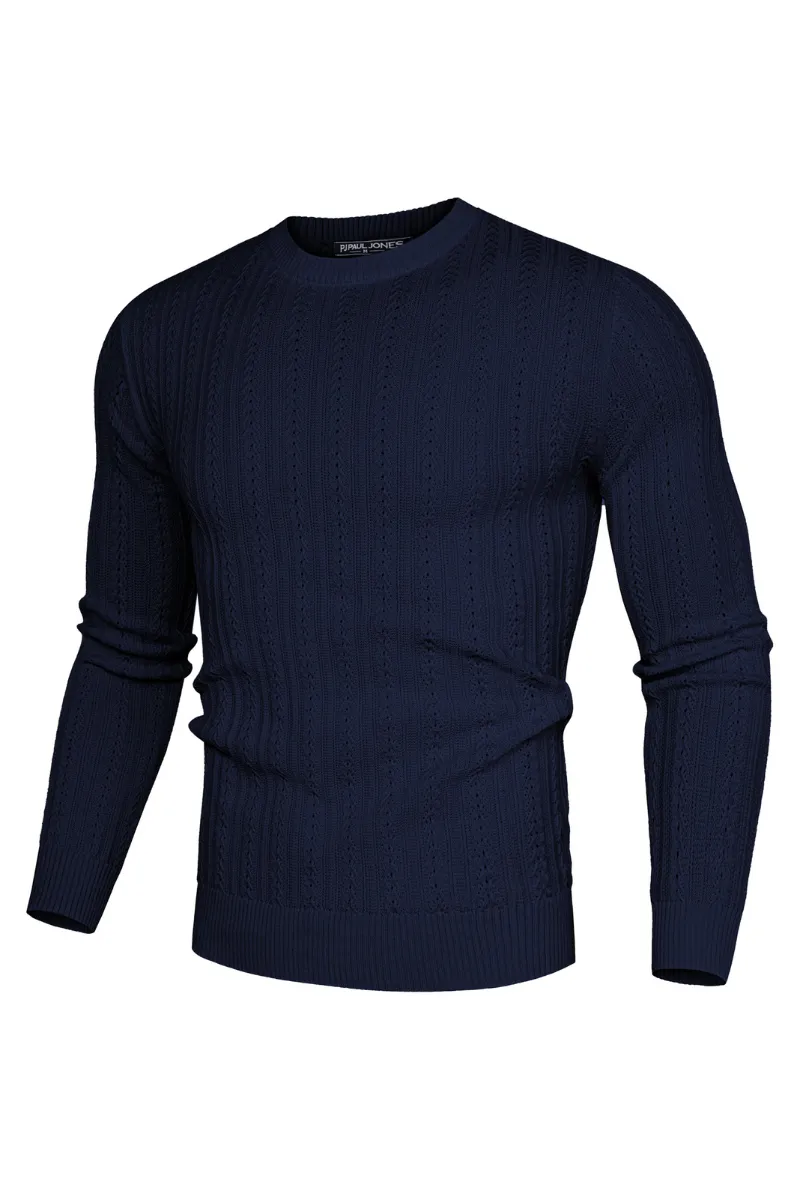 Men Hollowed-out Textured Sweater Long Sleeve Crew Neck Pullover Knitwear