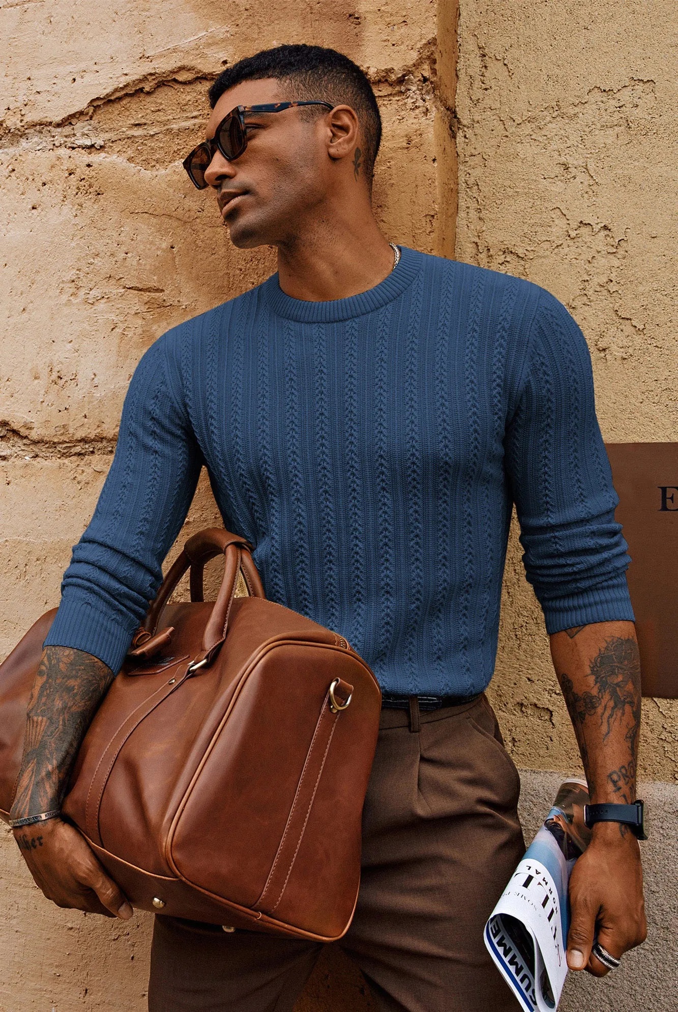 Men Hollowed-out Textured Sweater Long Sleeve Crew Neck Pullover Knitwear
