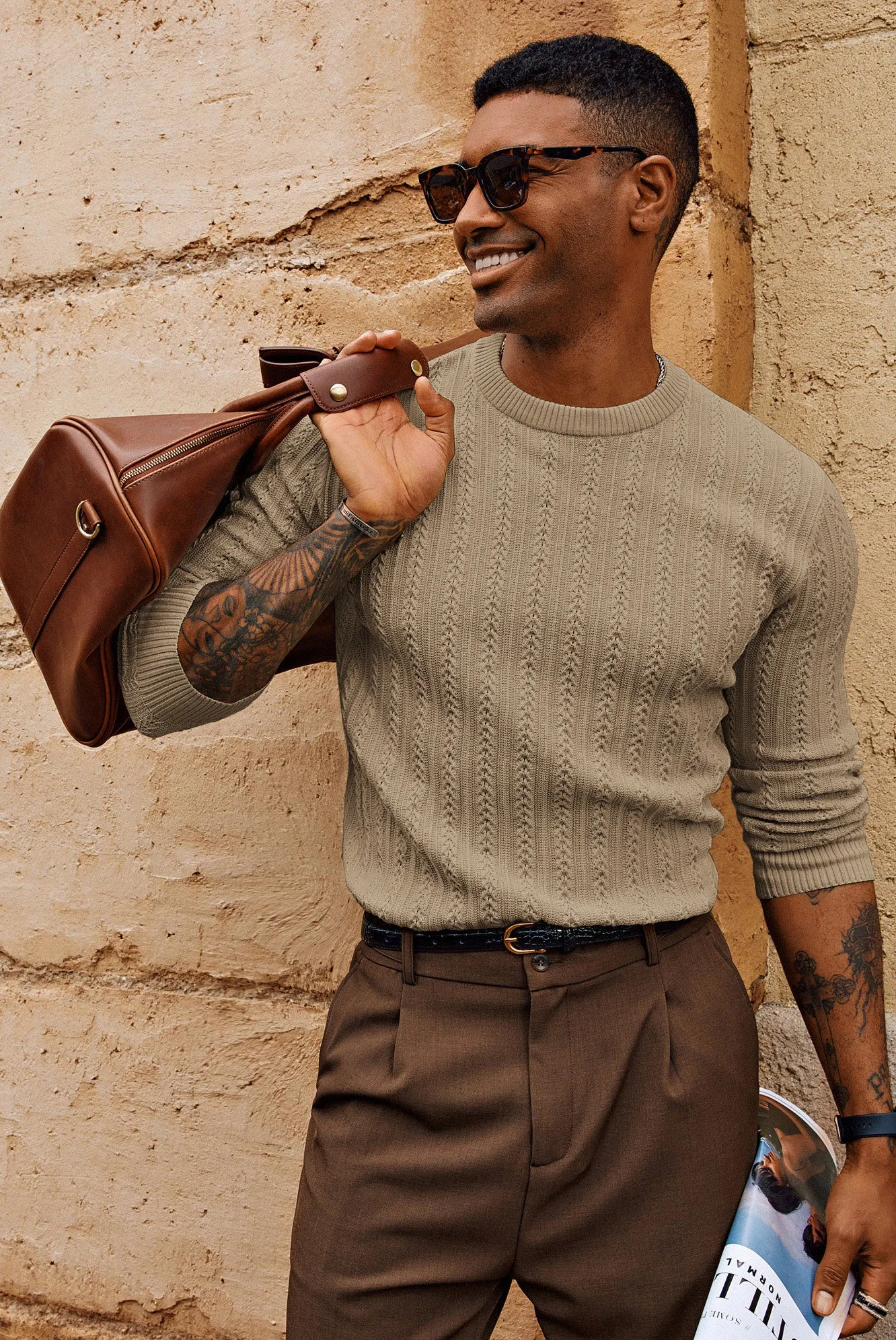 Men Hollowed-out Textured Sweater Long Sleeve Crew Neck Pullover Knitwear