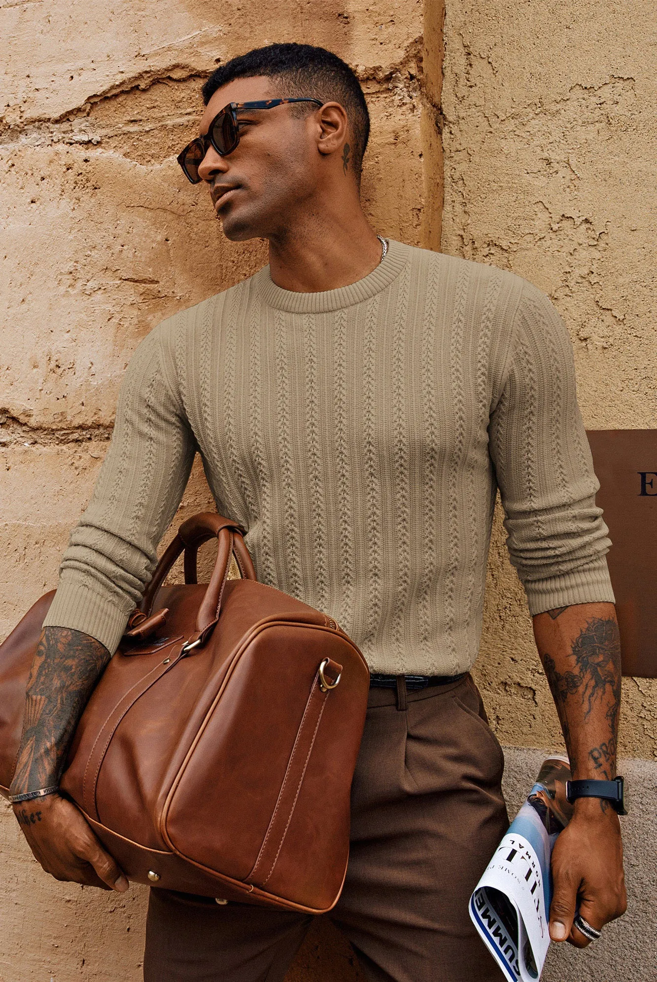Men Hollowed-out Textured Sweater Long Sleeve Crew Neck Pullover Knitwear