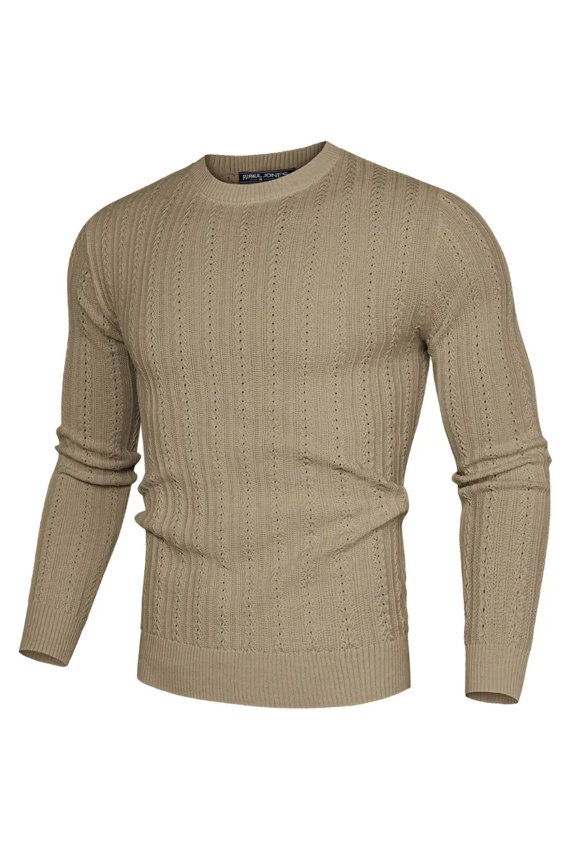 Men Hollowed-out Textured Sweater Long Sleeve Crew Neck Pullover Knitwear
