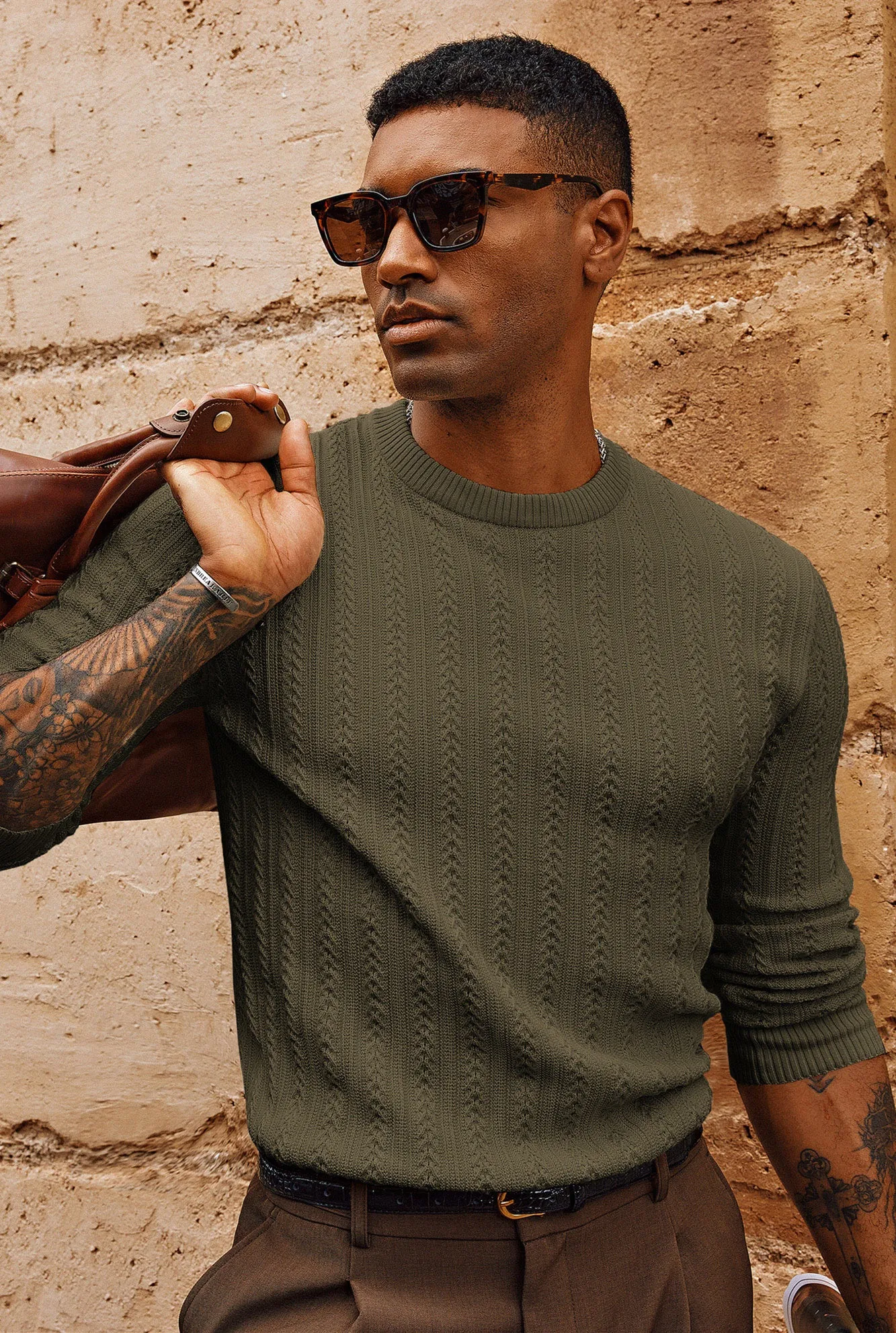 Men Hollowed-out Textured Sweater Long Sleeve Crew Neck Pullover Knitwear