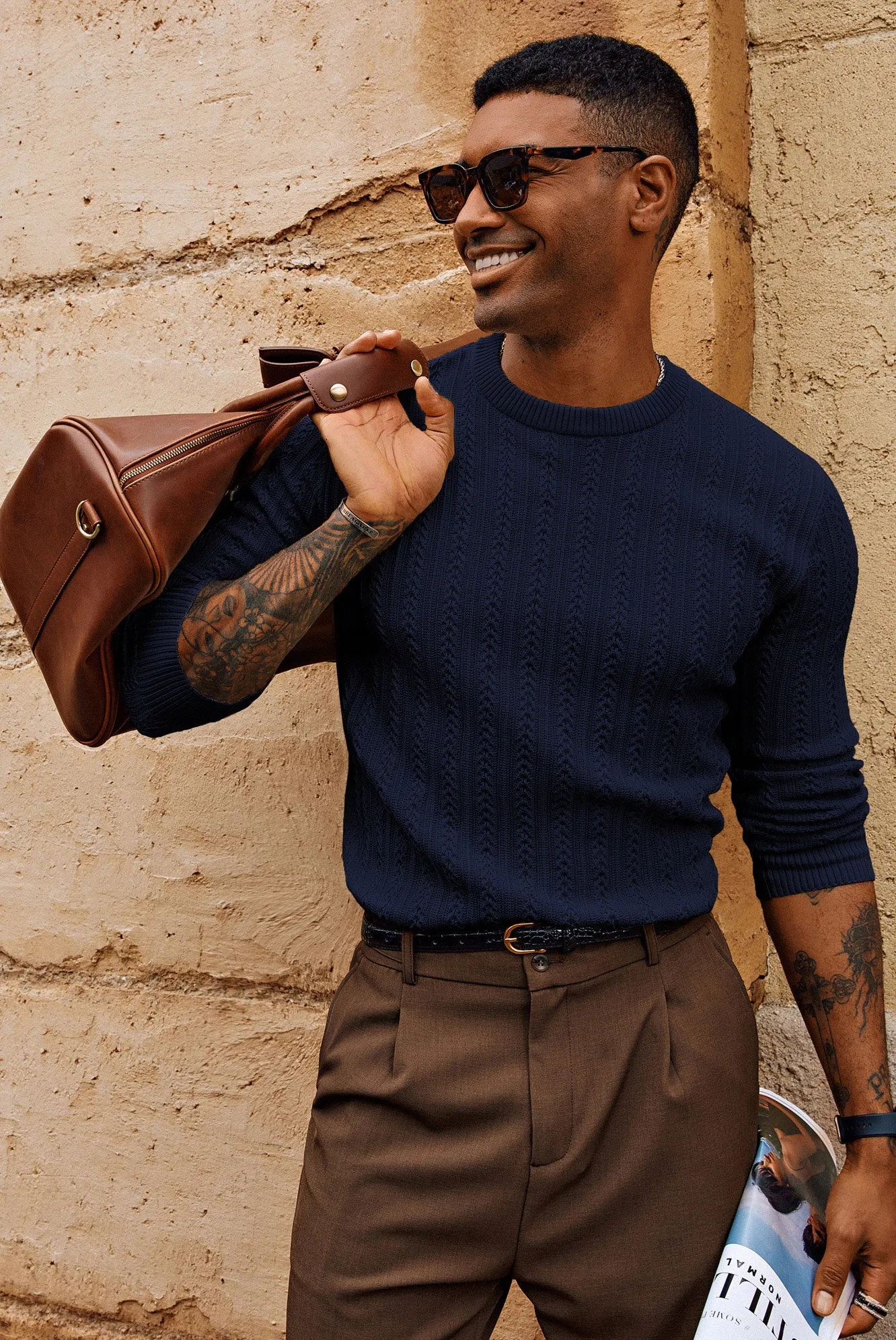Men Hollowed-out Textured Sweater Long Sleeve Crew Neck Pullover Knitwear