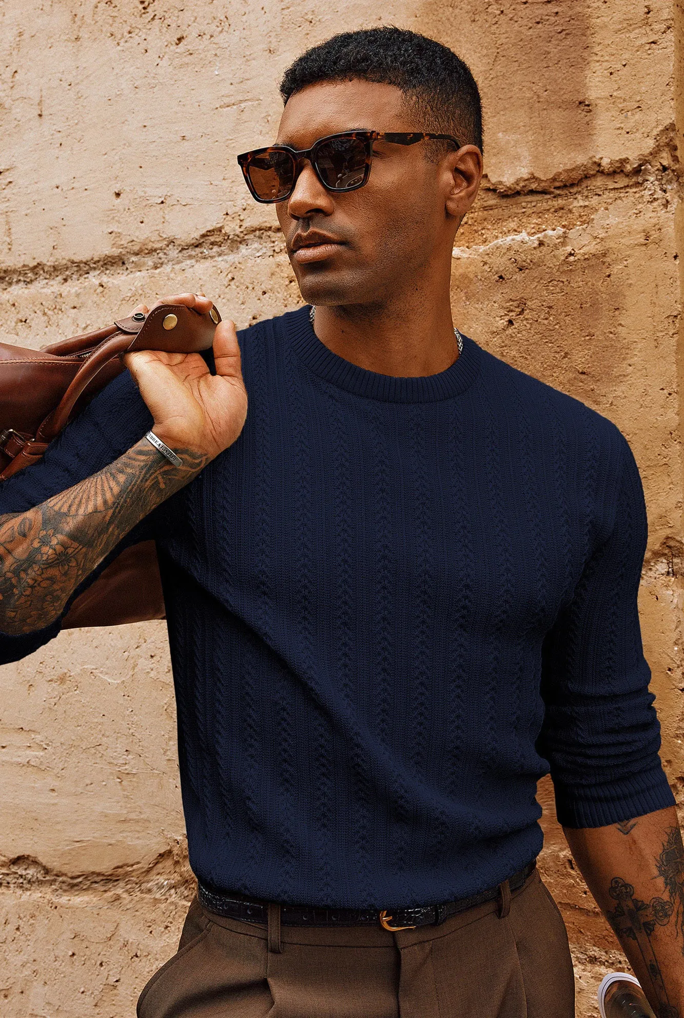 Men Hollowed-out Textured Sweater Long Sleeve Crew Neck Pullover Knitwear