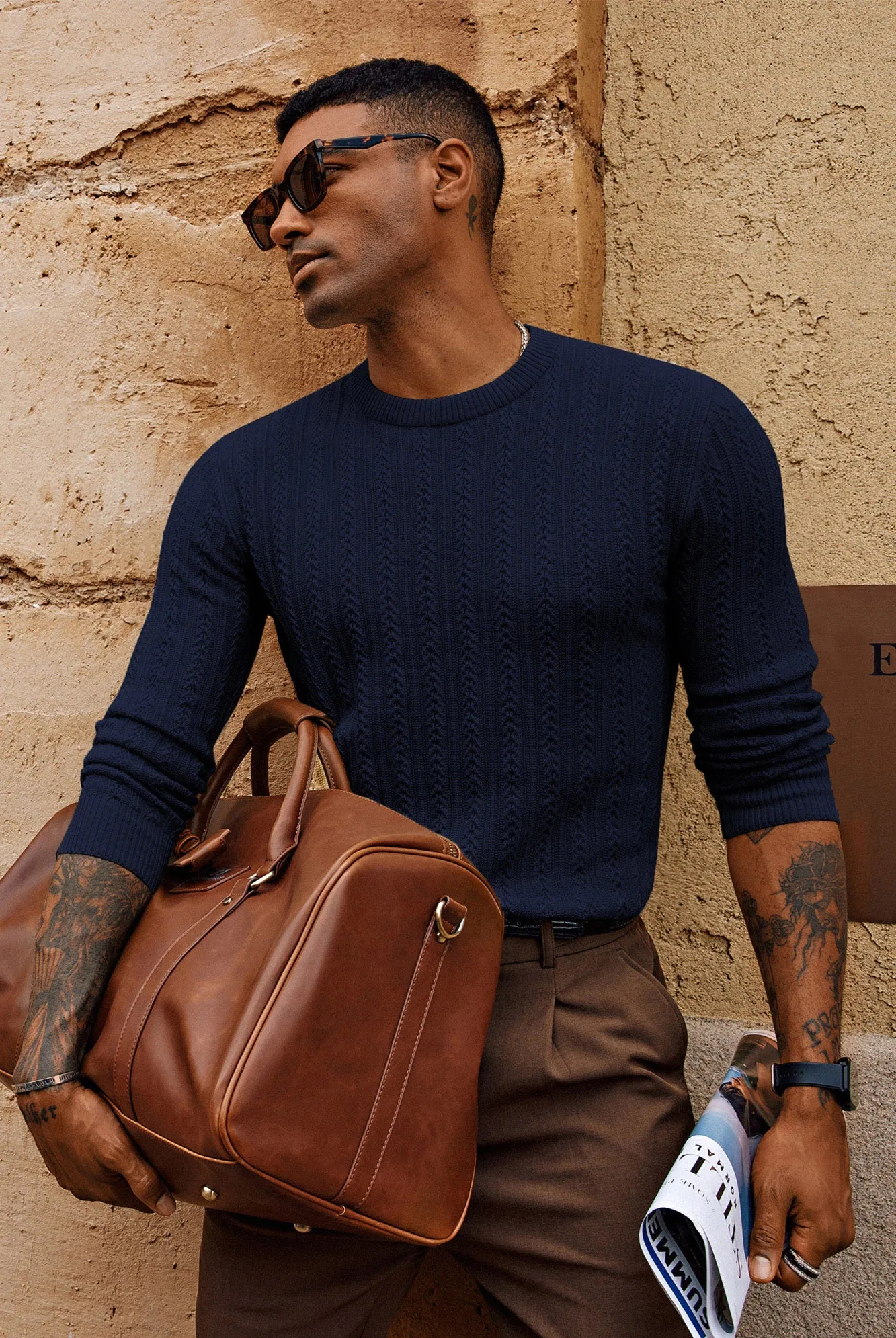 Men Hollowed-out Textured Sweater Long Sleeve Crew Neck Pullover Knitwear