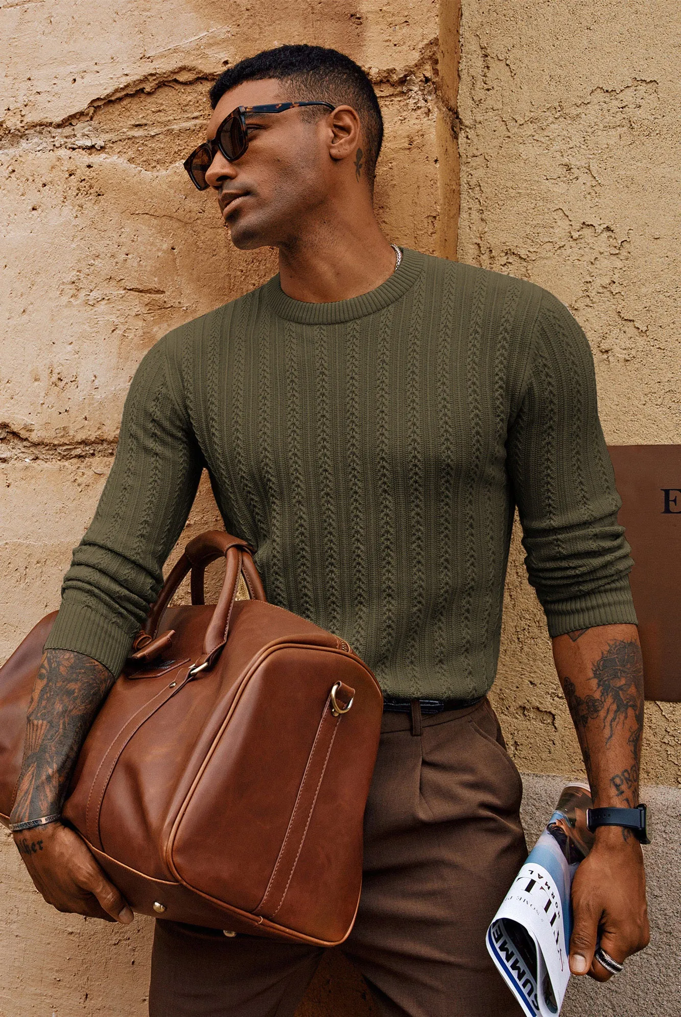 Men Hollowed-out Textured Sweater Long Sleeve Crew Neck Pullover Knitwear