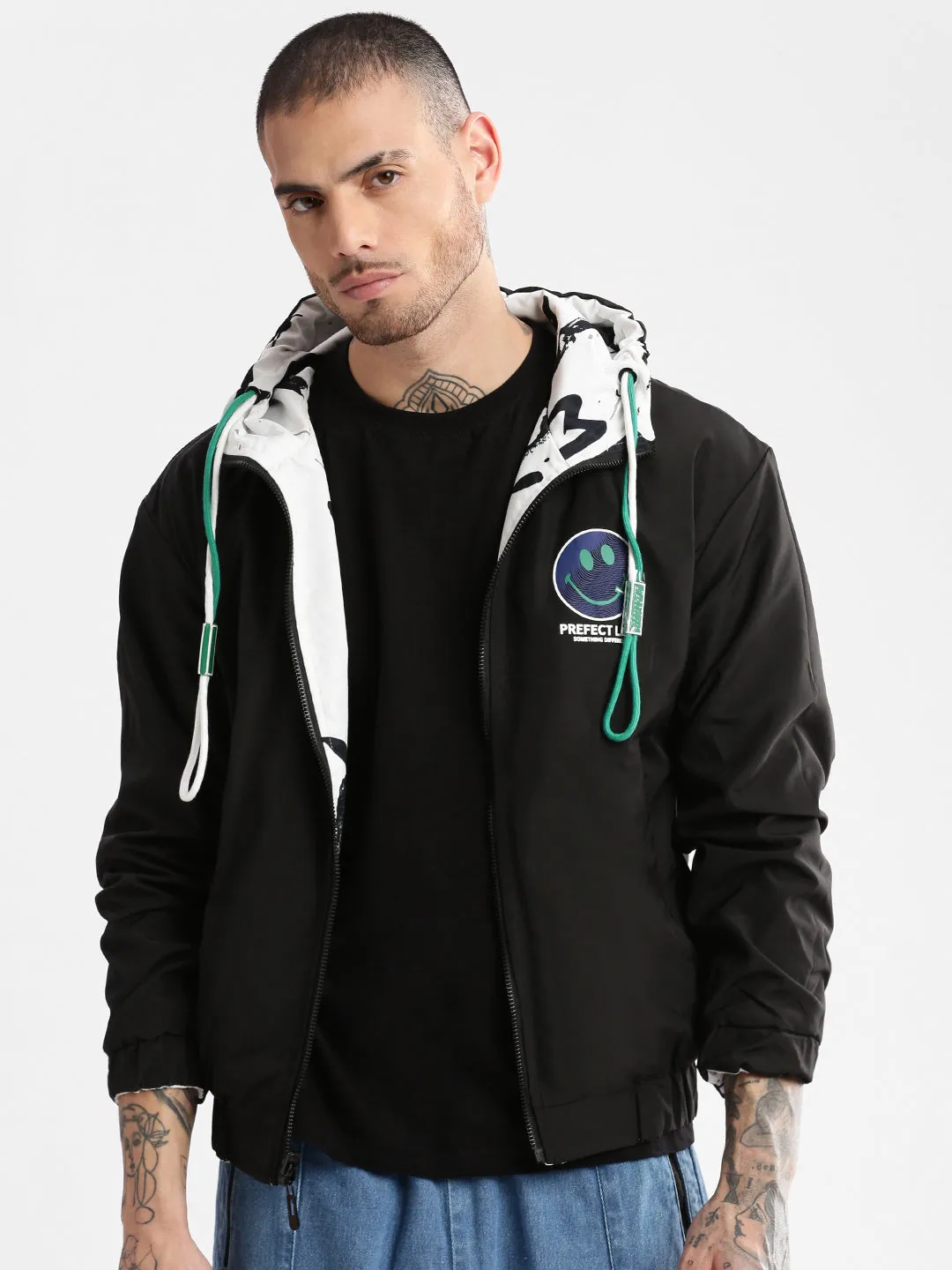 Men Hooded White Typography Reversible Bomber Oversized Jacket