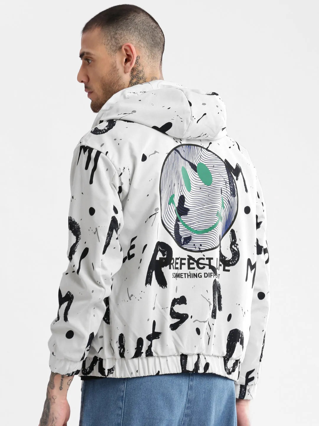 Men Hooded White Typography Reversible Bomber Oversized Jacket