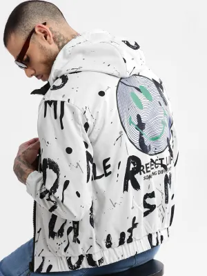 Men Hooded White Typography Reversible Bomber Oversized Jacket