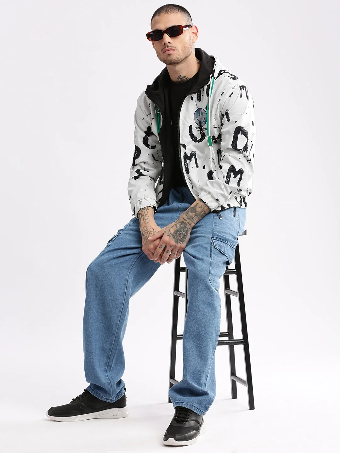 Men Hooded White Typography Reversible Bomber Oversized Jacket