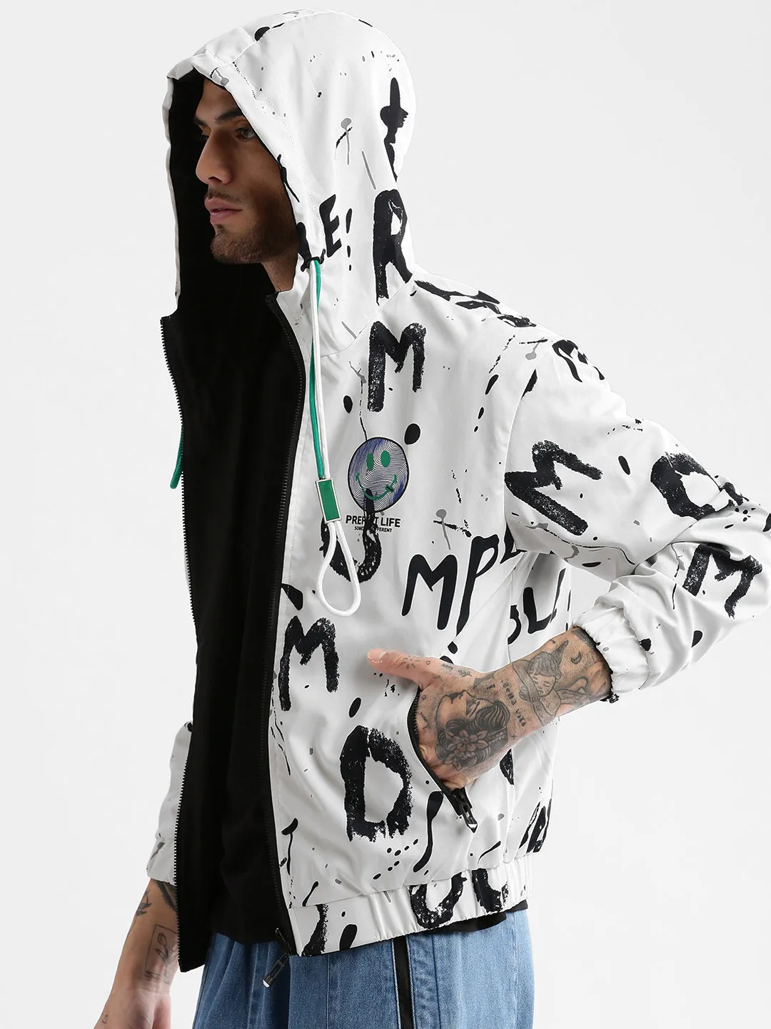 Men Hooded White Typography Reversible Bomber Oversized Jacket