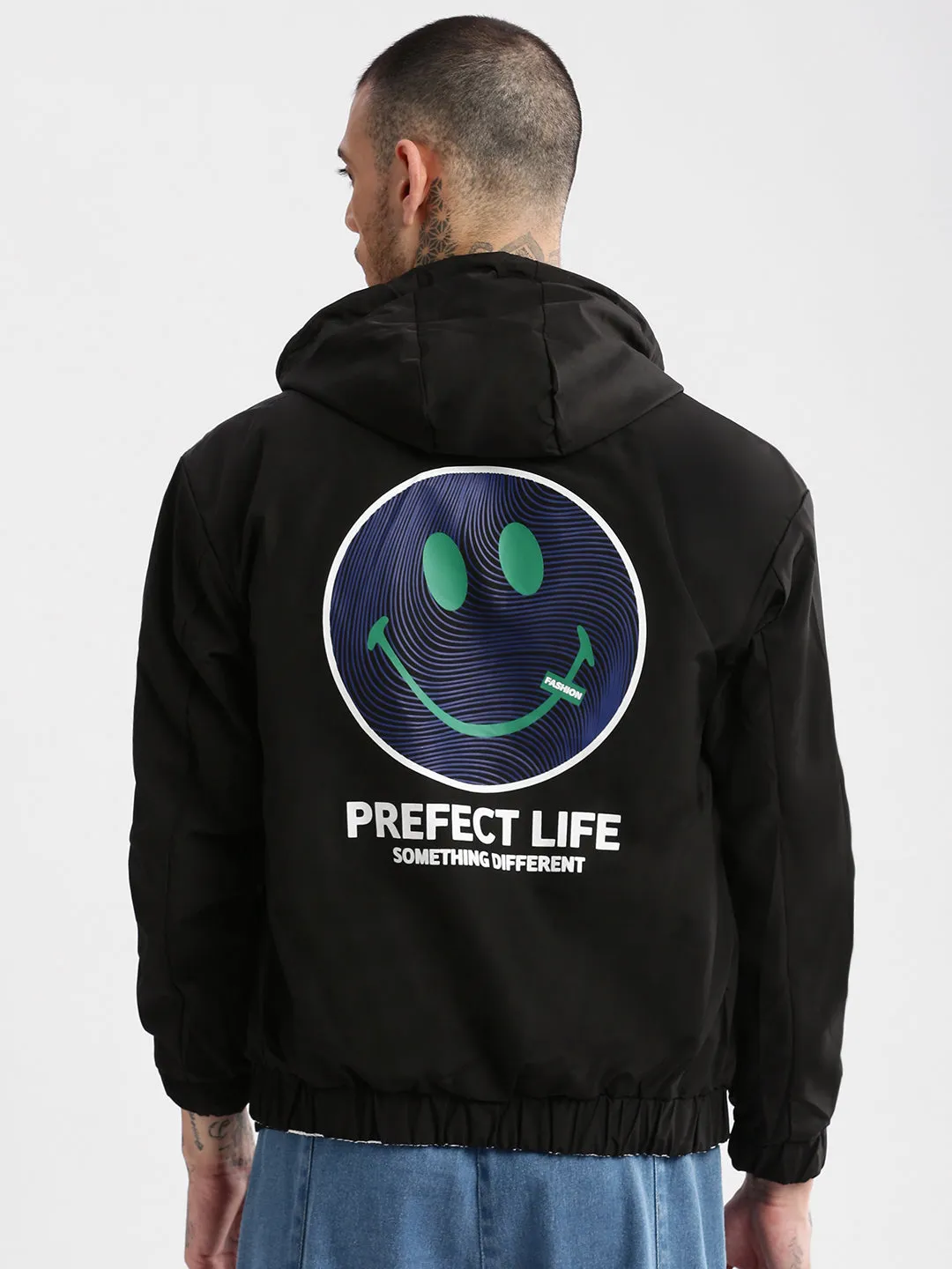 Men Hooded White Typography Reversible Bomber Oversized Jacket