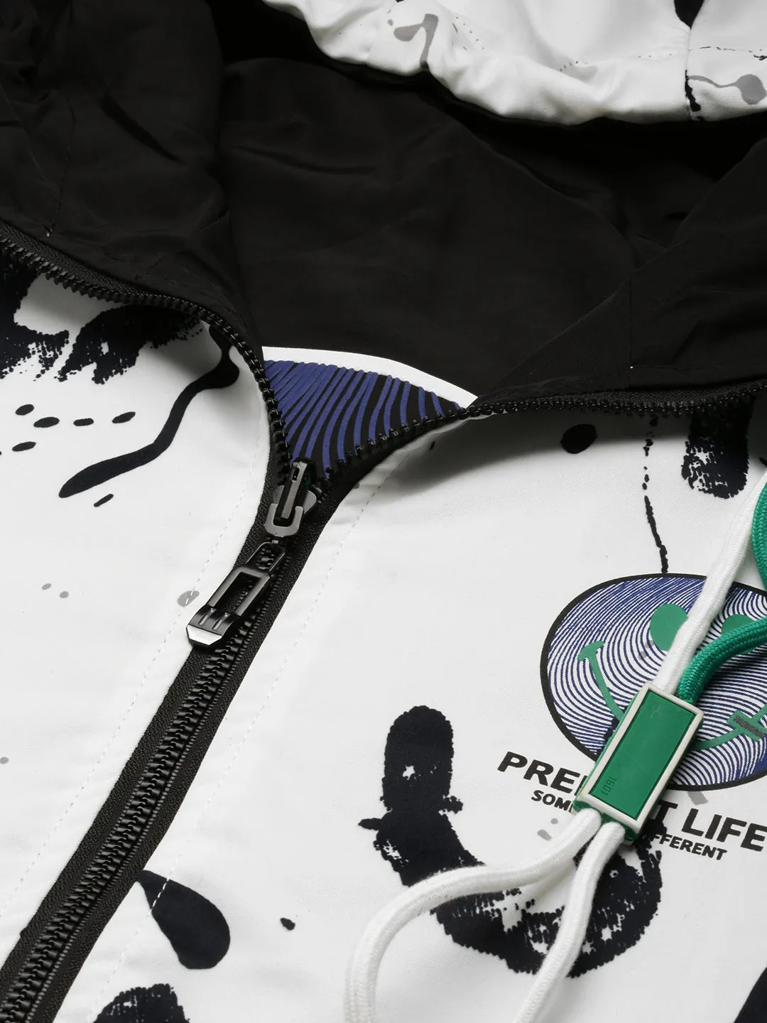 Men Hooded White Typography Reversible Bomber Oversized Jacket