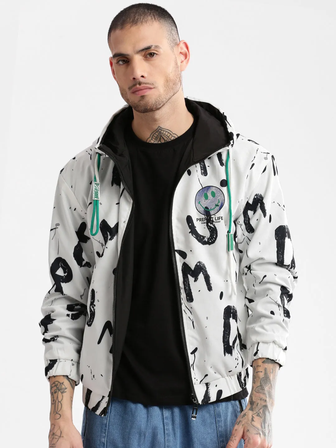 Men Hooded White Typography Reversible Bomber Oversized Jacket