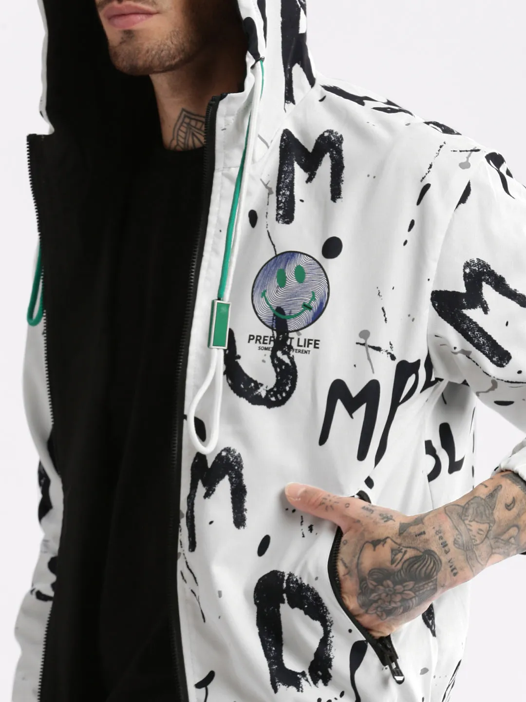 Men Hooded White Typography Reversible Bomber Oversized Jacket