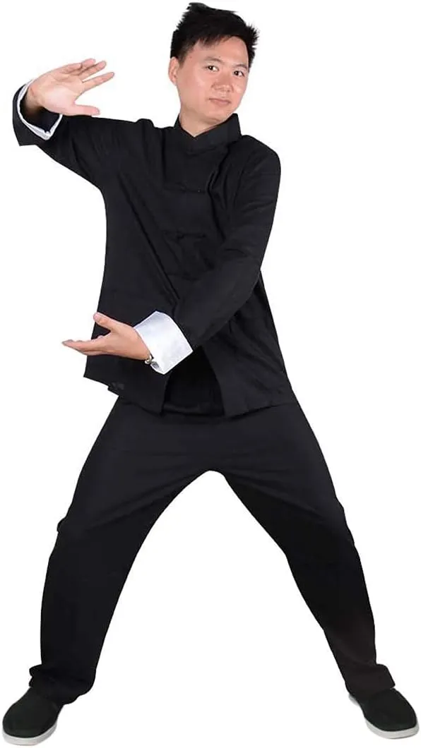 Men's Cotton Linen Kung Fu Suit Chinese Martial Arts Uniform Meditation Suit Roll-Up Sleeve Frog Button Shirt Pants Outfit
