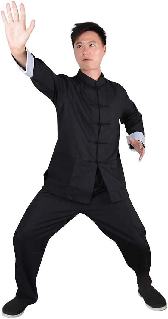 Men's Cotton Linen Kung Fu Suit Chinese Martial Arts Uniform Meditation Suit Roll-Up Sleeve Frog Button Shirt Pants Outfit
