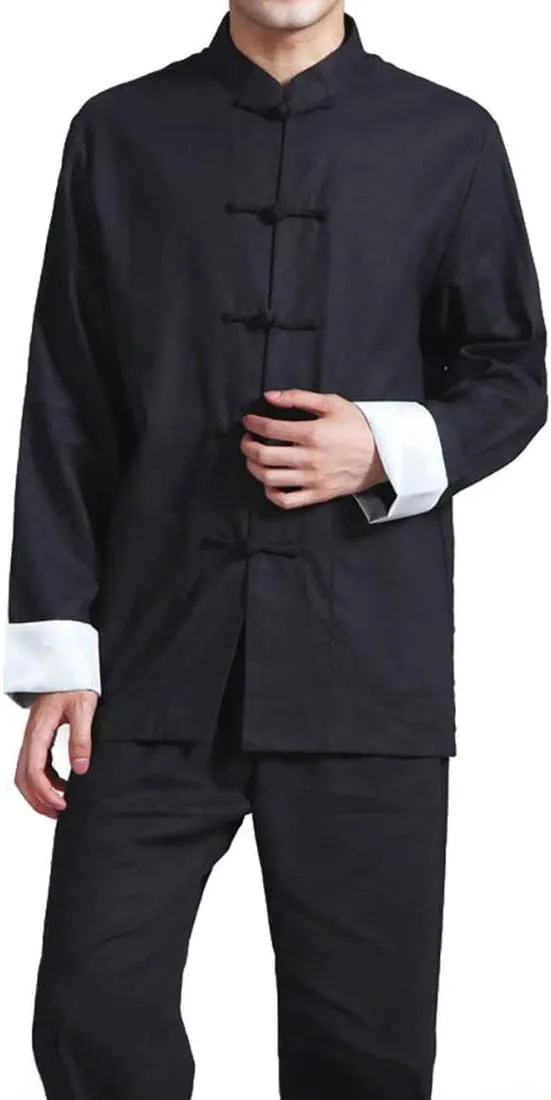Men's Cotton Linen Kung Fu Suit Chinese Martial Arts Uniform Meditation Suit Roll-Up Sleeve Frog Button Shirt Pants Outfit