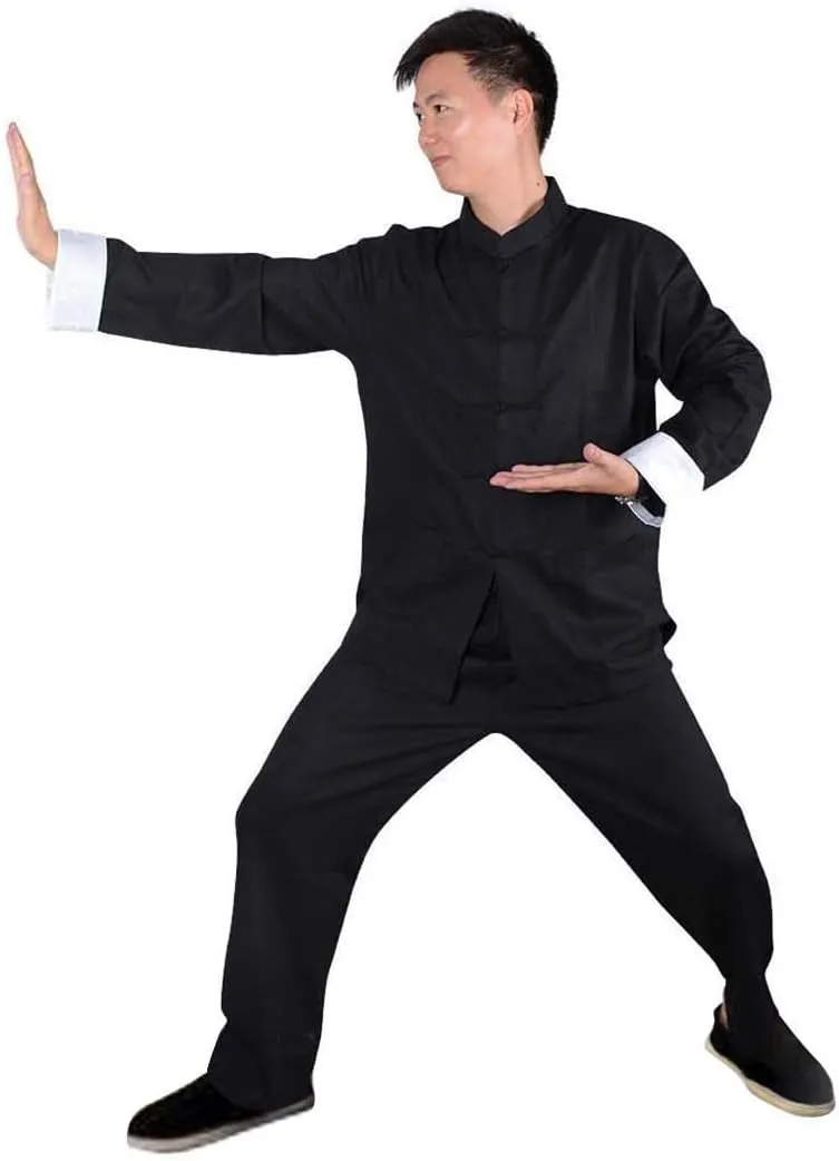 Men's Cotton Linen Kung Fu Suit Chinese Martial Arts Uniform Meditation Suit Roll-Up Sleeve Frog Button Shirt Pants Outfit