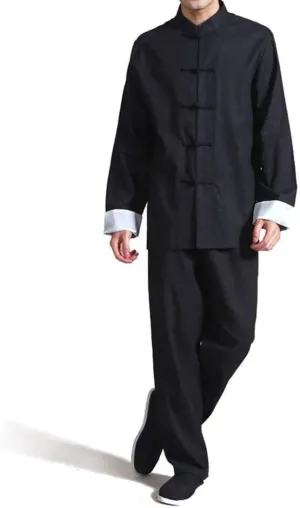 Men's Cotton Linen Kung Fu Suit Chinese Martial Arts Uniform Meditation Suit Roll-Up Sleeve Frog Button Shirt Pants Outfit