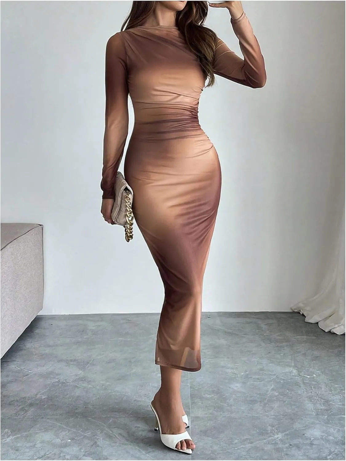 Milumia Women's Tie Dye Mesh Bodycon Dresses Floral Long Sleeve Maxi Dresses