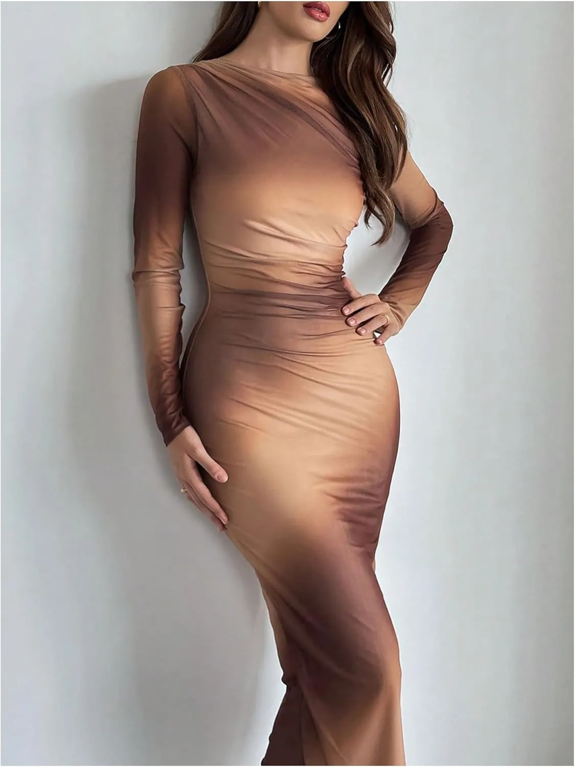Milumia Women's Tie Dye Mesh Bodycon Dresses Floral Long Sleeve Maxi Dresses