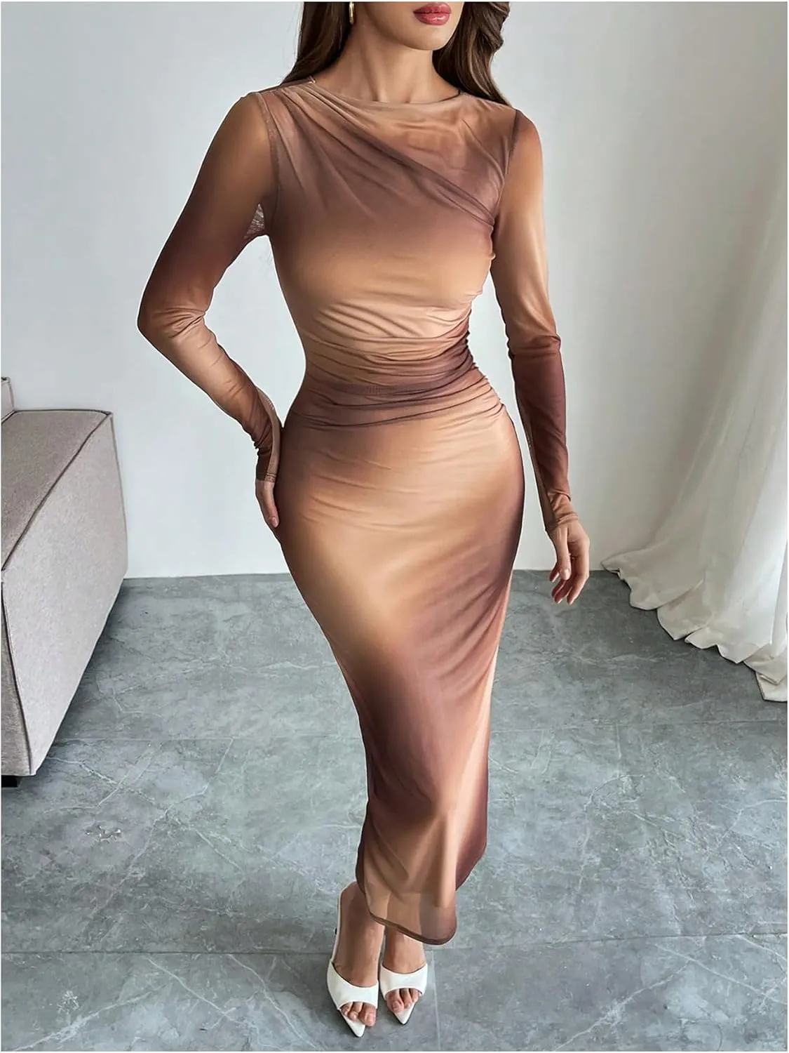 Milumia Women's Tie Dye Mesh Bodycon Dresses Floral Long Sleeve Maxi Dresses