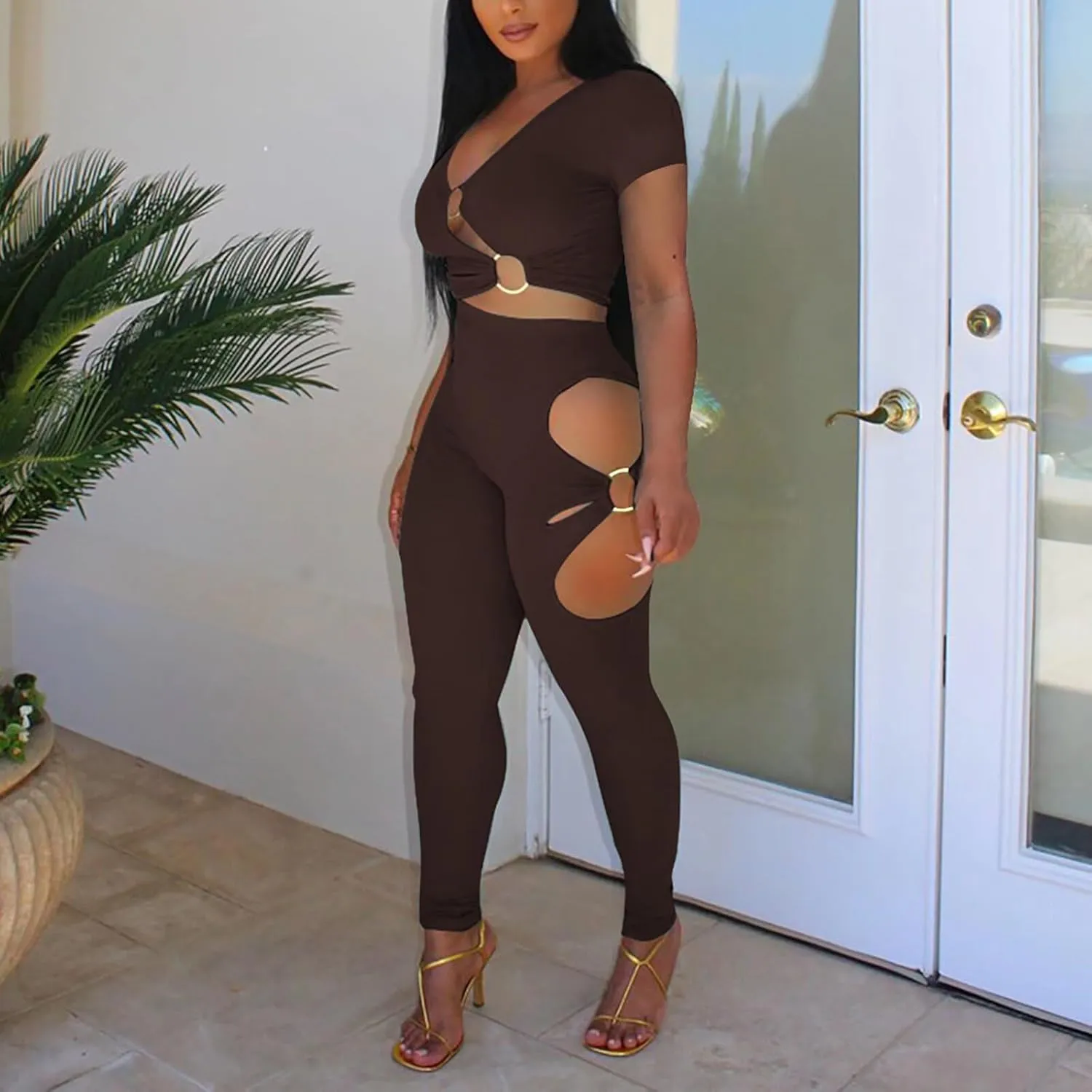 Mintsnow Women's Sexy Two Piece Outfits V Neck Ribbed Cut Out Long Sleeve Crop Top Bodycon Pants Sets Sweatsuit Tracksuits