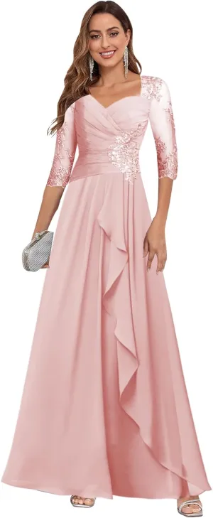 Mother of The Bride Dresses for Women Chffion Lace Applique Ruched A-line Ruffled Long Formal Dress