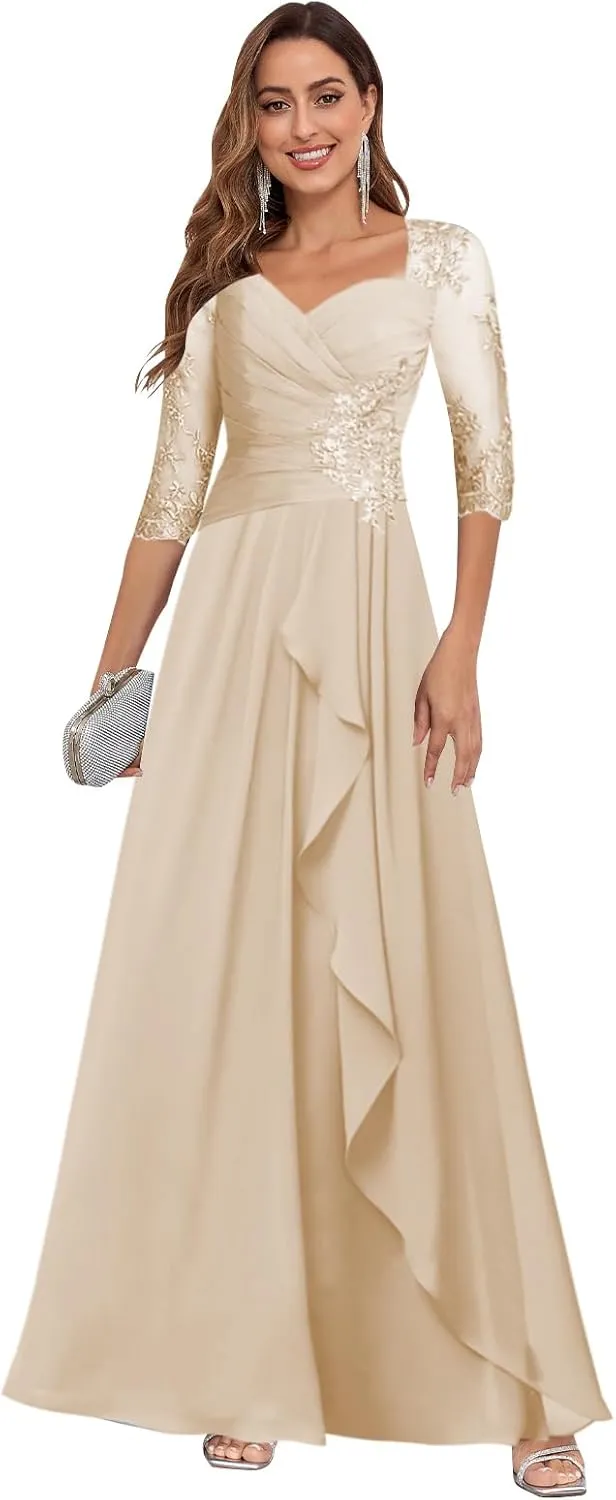 Mother of The Bride Dresses for Women Chffion Lace Applique Ruched A-line Ruffled Long Formal Dress