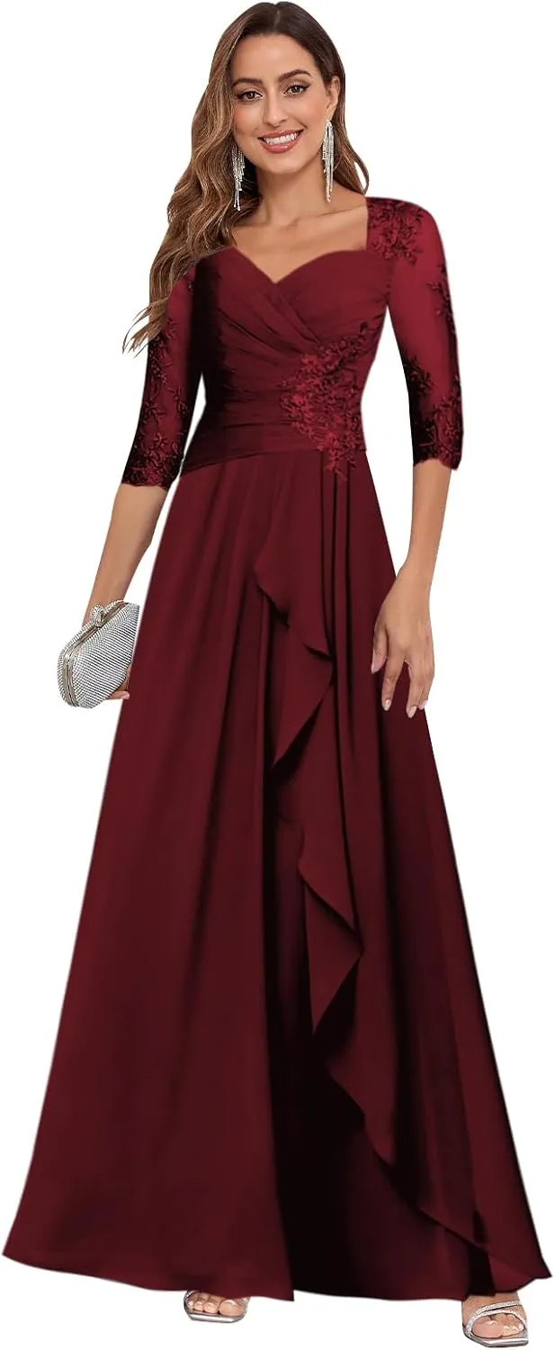 Mother of The Bride Dresses for Women Chffion Lace Applique Ruched A-line Ruffled Long Formal Dress