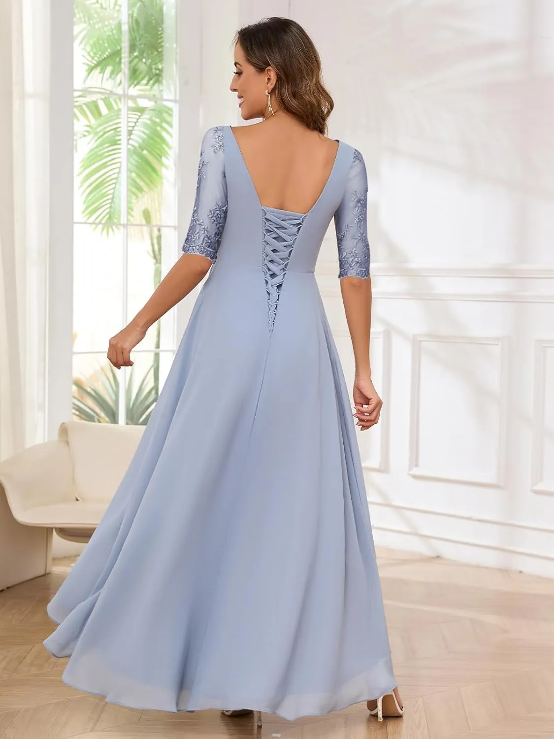 Mother of The Bride Dresses for Women Chffion Lace Applique Ruched A-line Ruffled Long Formal Dress