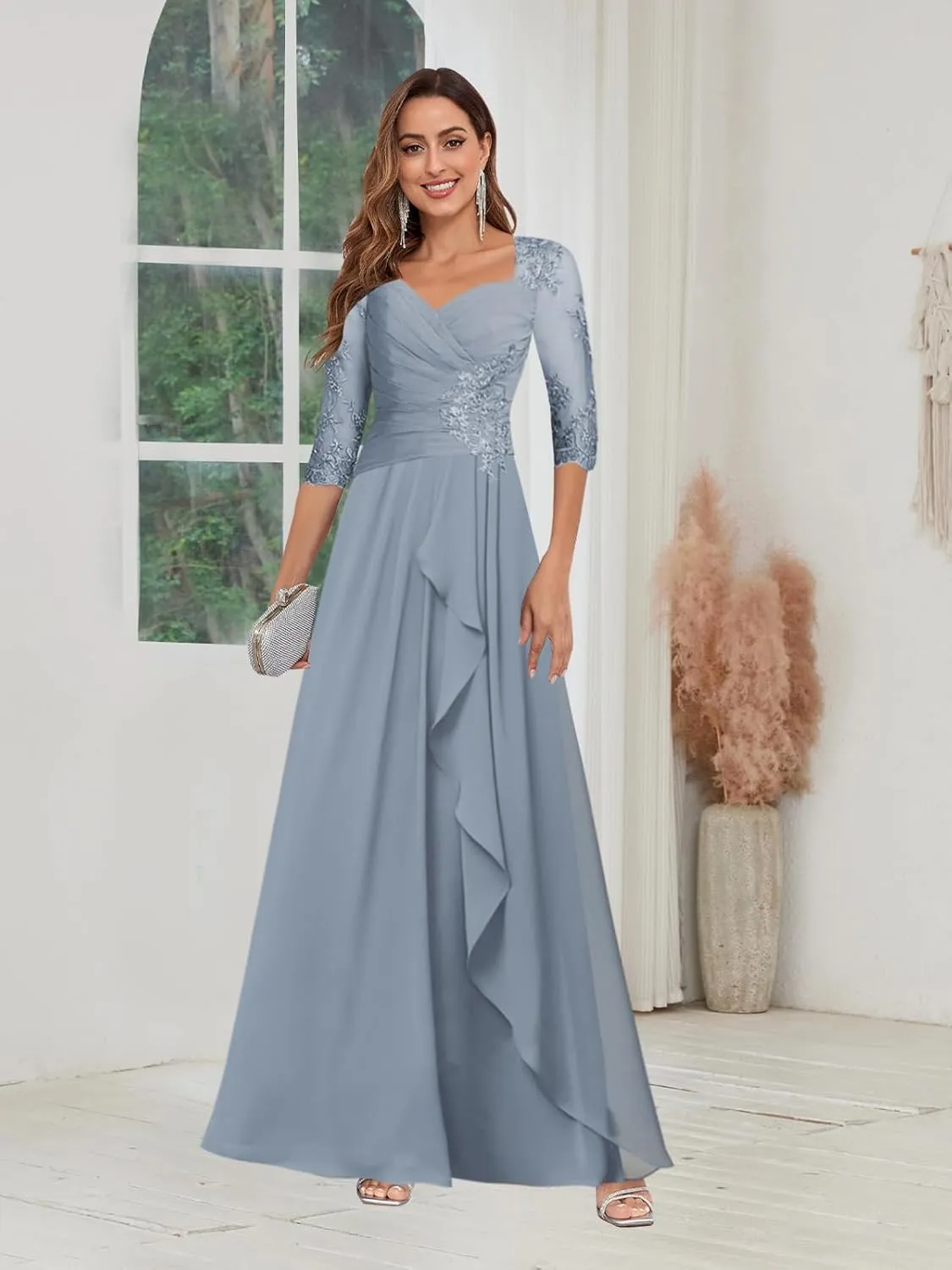 Mother of The Bride Dresses for Women Chffion Lace Applique Ruched A-line Ruffled Long Formal Dress