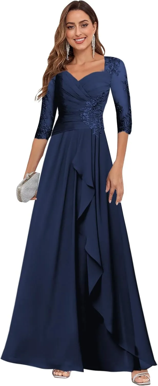 Mother of The Bride Dresses for Women Chffion Lace Applique Ruched A-line Ruffled Long Formal Dress
