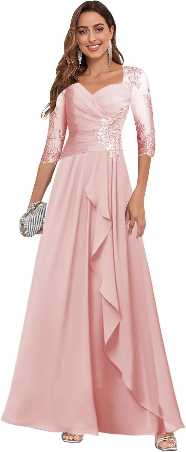 Mother of The Bride Dresses for Women Chffion Lace Applique Ruched A-line Ruffled Long Formal Dress