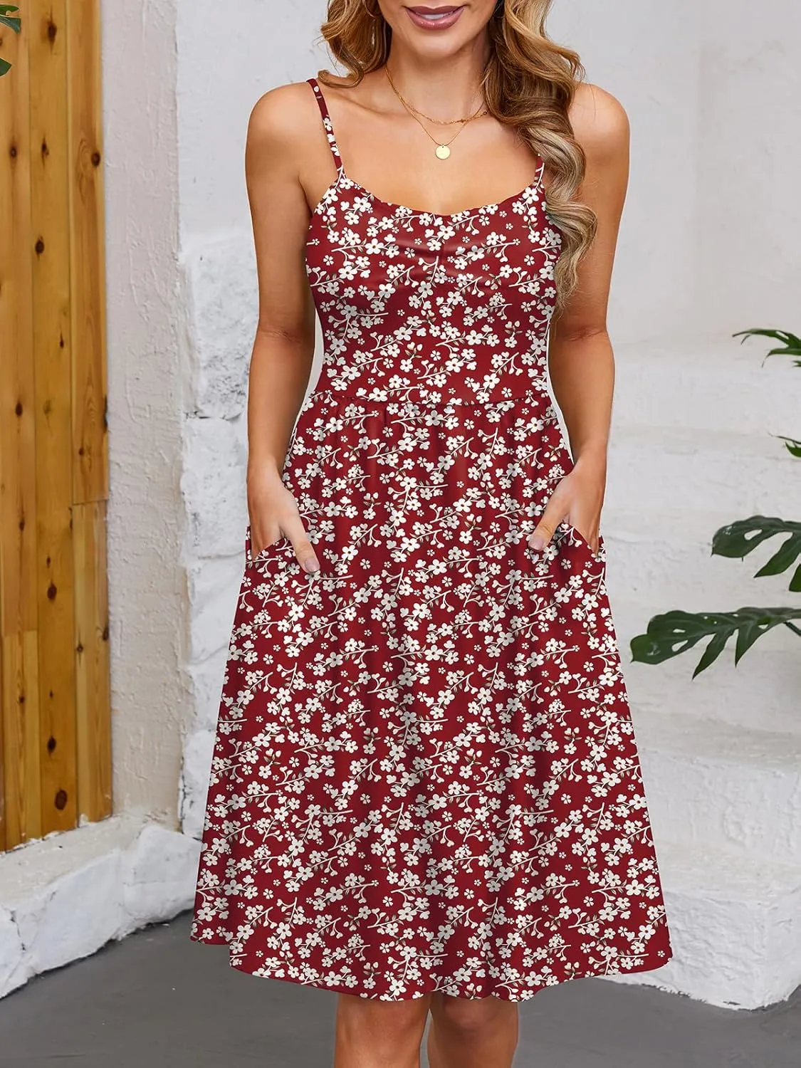 Naggoo Women's Summer Dresses Spaghetti Strap Sleeveless Beach Floral Sundress A Line Flowy Casual Dress with Pockets