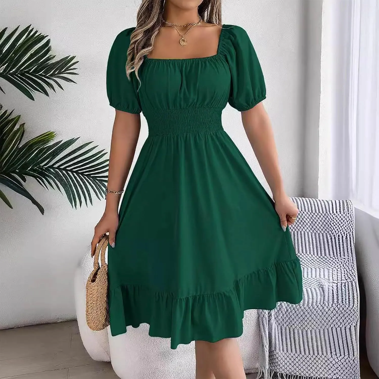 NaRHbrg Women's Summer Puff Sleeve Dress Casual Smocked A-Line Midi Dresses Square Neck Flowy Sundress with Ruffle Hem