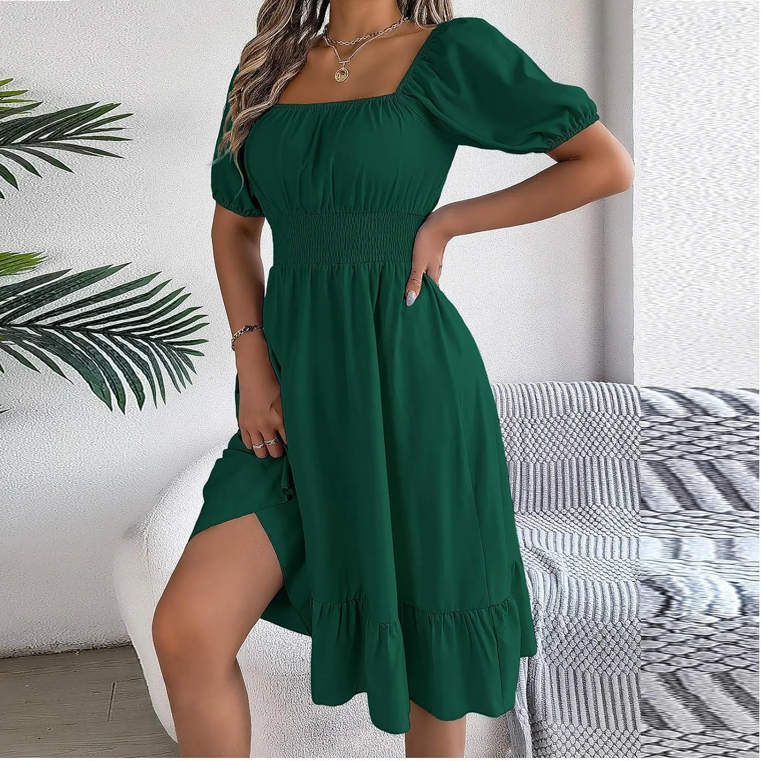 NaRHbrg Women's Summer Puff Sleeve Dress Casual Smocked A-Line Midi Dresses Square Neck Flowy Sundress with Ruffle Hem