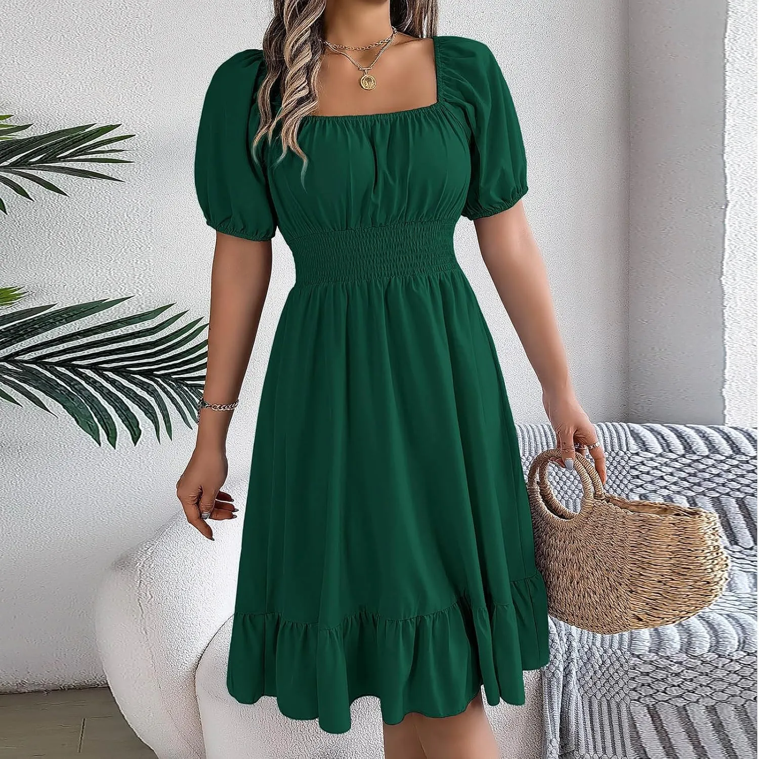 NaRHbrg Women's Summer Puff Sleeve Dress Casual Smocked A-Line Midi Dresses Square Neck Flowy Sundress with Ruffle Hem