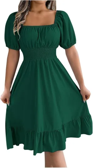 NaRHbrg Women's Summer Puff Sleeve Dress Casual Smocked A-Line Midi Dresses Square Neck Flowy Sundress with Ruffle Hem