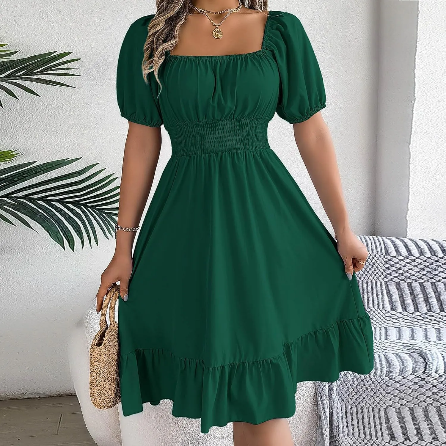 NaRHbrg Women's Summer Puff Sleeve Dress Casual Smocked A-Line Midi Dresses Square Neck Flowy Sundress with Ruffle Hem