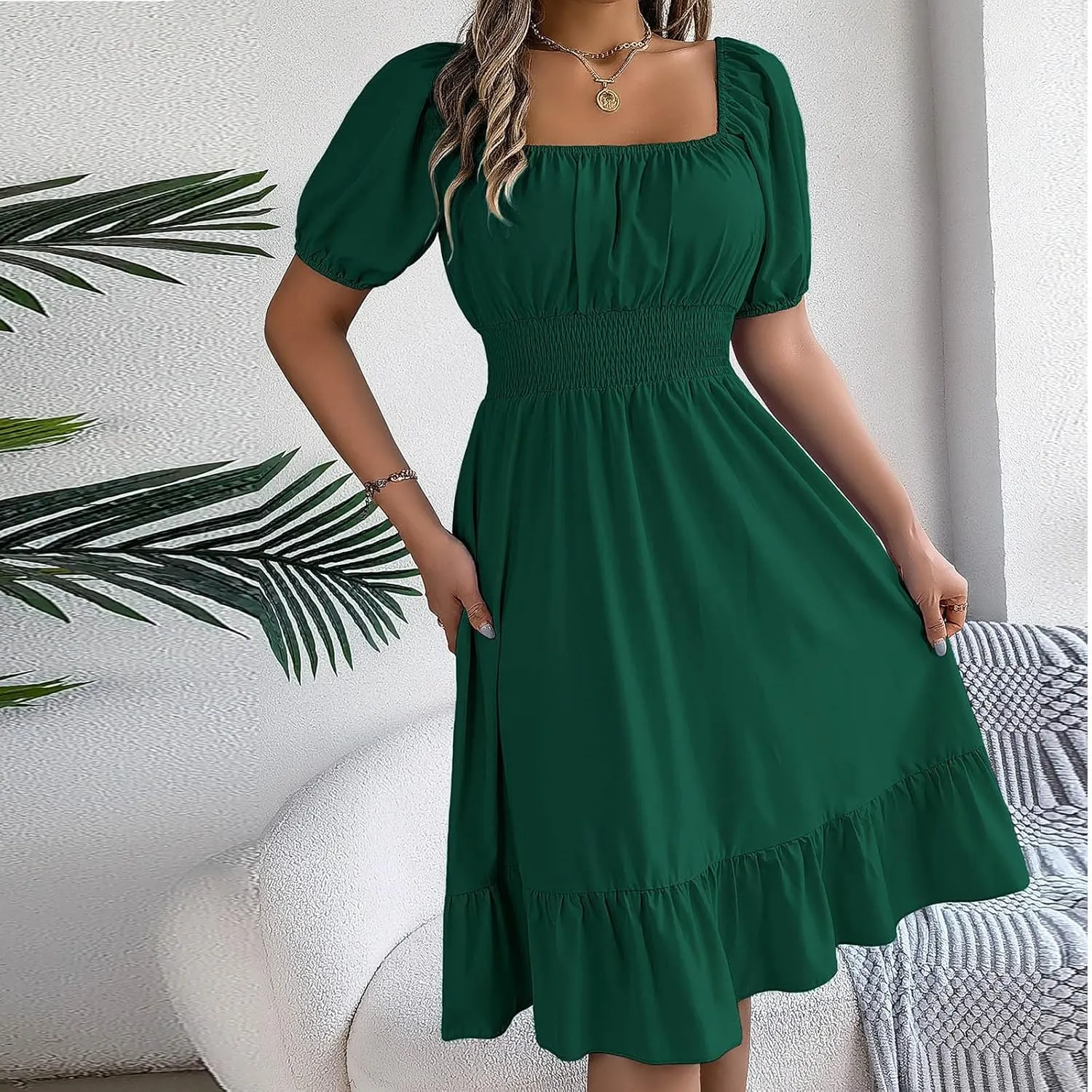 NaRHbrg Women's Summer Puff Sleeve Dress Casual Smocked A-Line Midi Dresses Square Neck Flowy Sundress with Ruffle Hem
