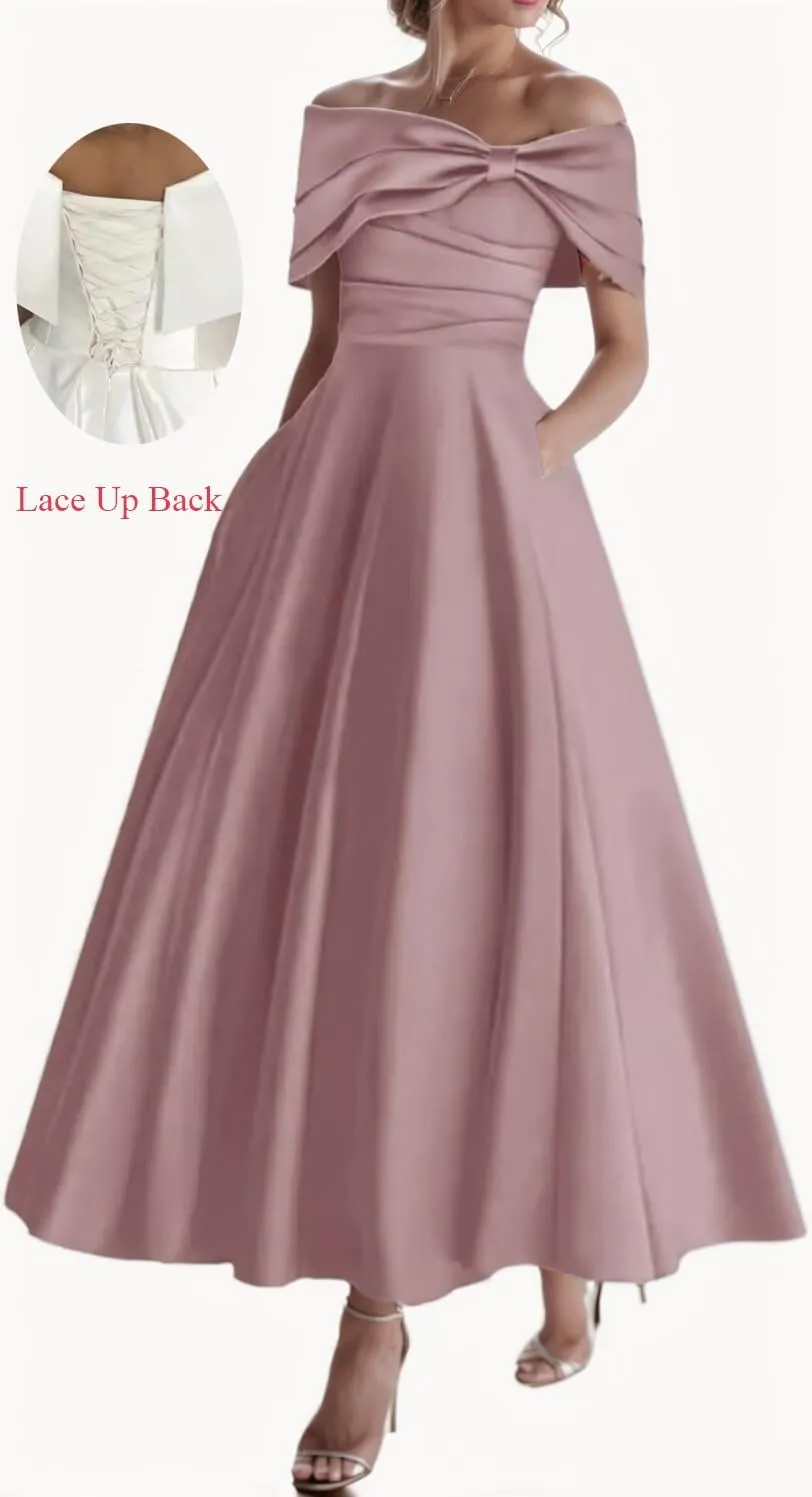 Off The Shoulder Mother of The Bride Dresses Tea Length Prom Dress Ruffle Satin Formal Evening Gowns with Pockets