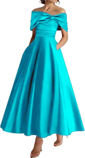 Off The Shoulder Mother of The Bride Dresses Tea Length Prom Dress Ruffle Satin Formal Evening Gowns with Pockets